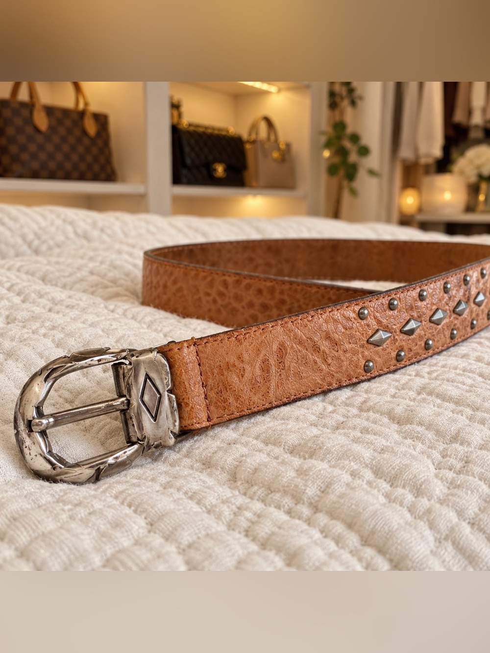 Vintage Jana Cognac Leather Studded Belt Silver Buckle Size M